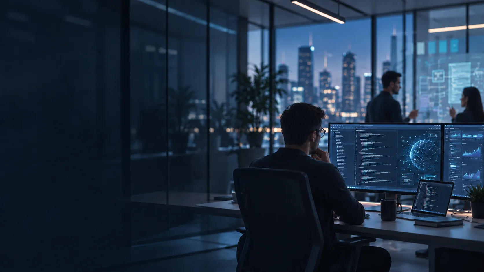Software team working late in a modern city-view office